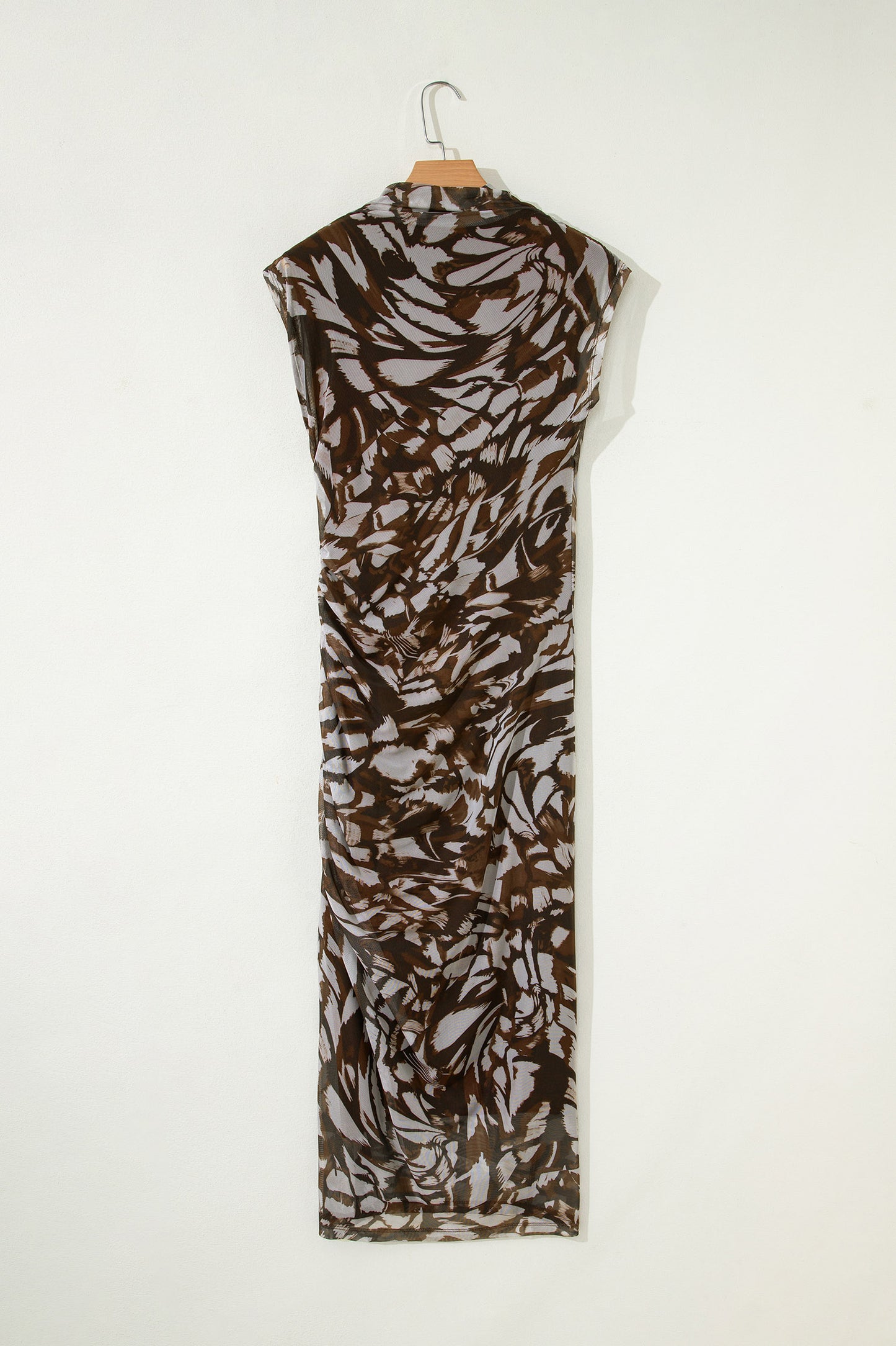 Brown Abstract Mesh Cowl Neck Ruched Midi Dress