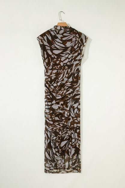 Brown Abstract Mesh Cowl Neck Ruched Midi Dress
