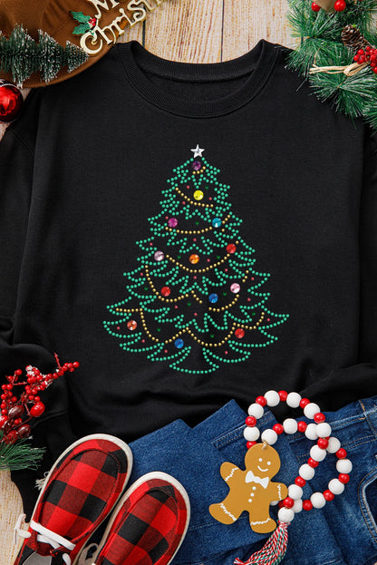 Black Rhinestone Christmas Tree Graphic Pullover Sweatshirt