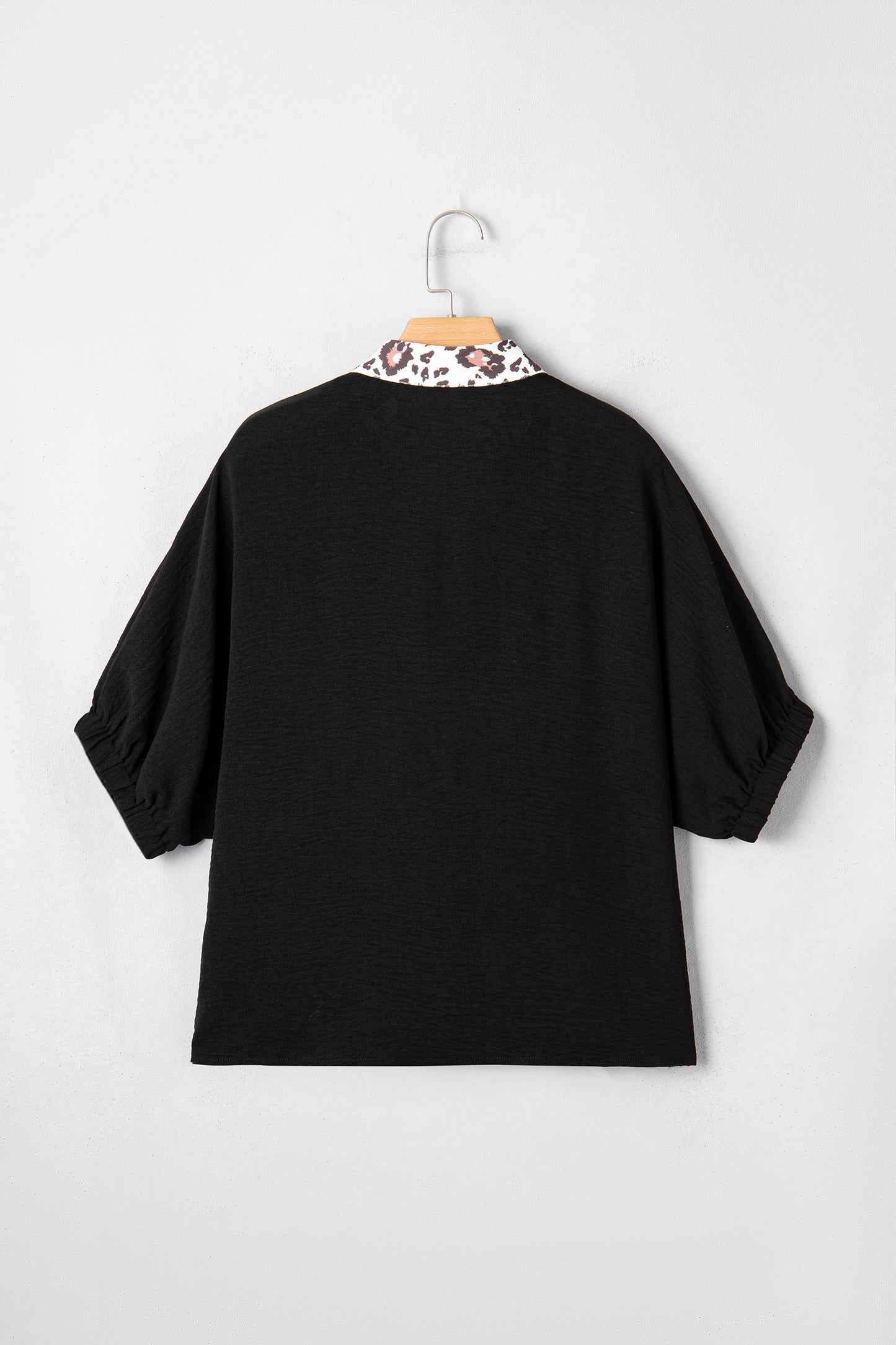Rose Leopard Trim V Neck Dolman Sleeve Blouse Loose Fit Top