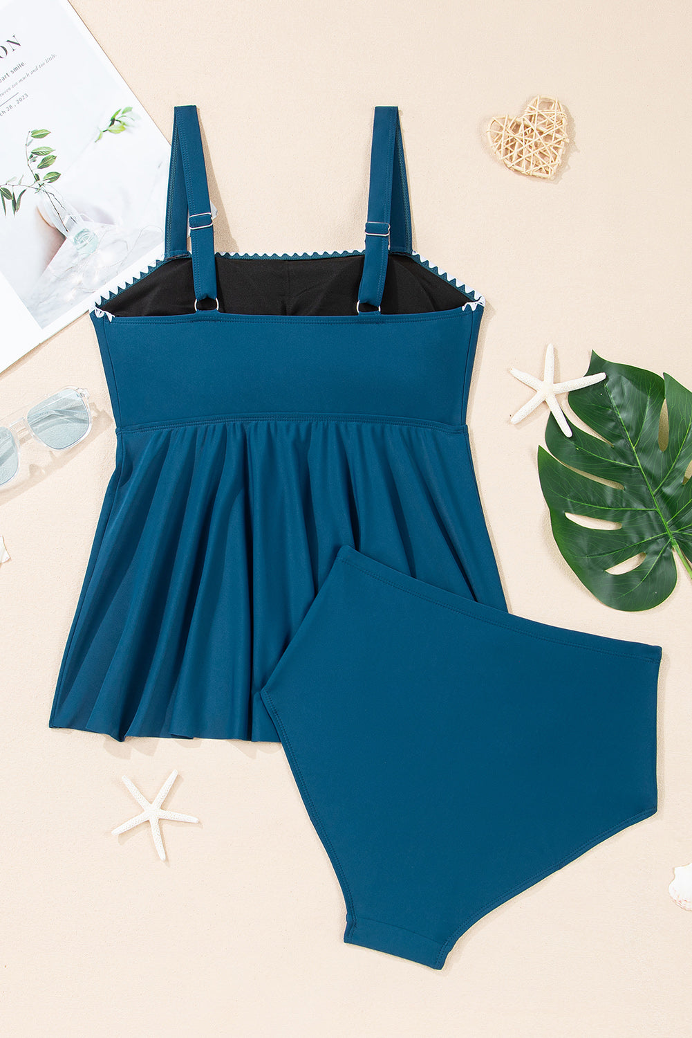 Navy Ricrac Trim Flared Spaghetti Strap Tankini Set