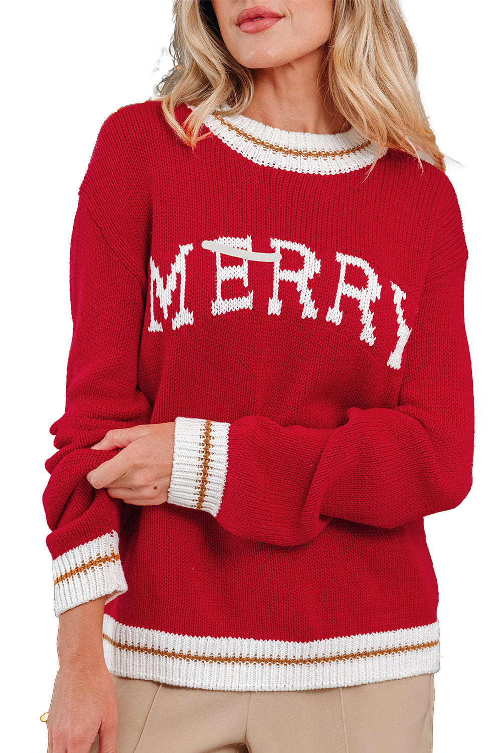Red MERRY Graphic Drop Shoulder Holiday Knit Sweater