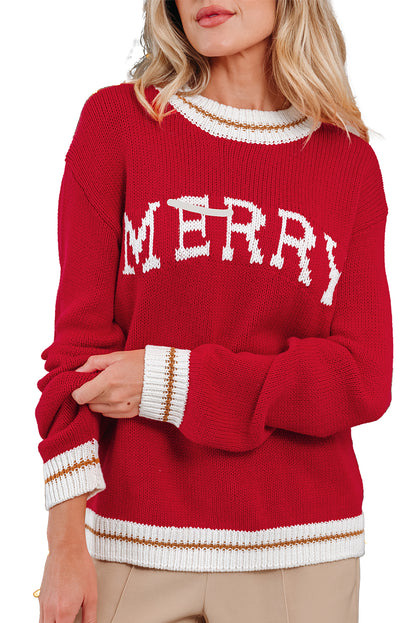 Red MERRY Graphic Drop Shoulder Holiday Knit Sweater
