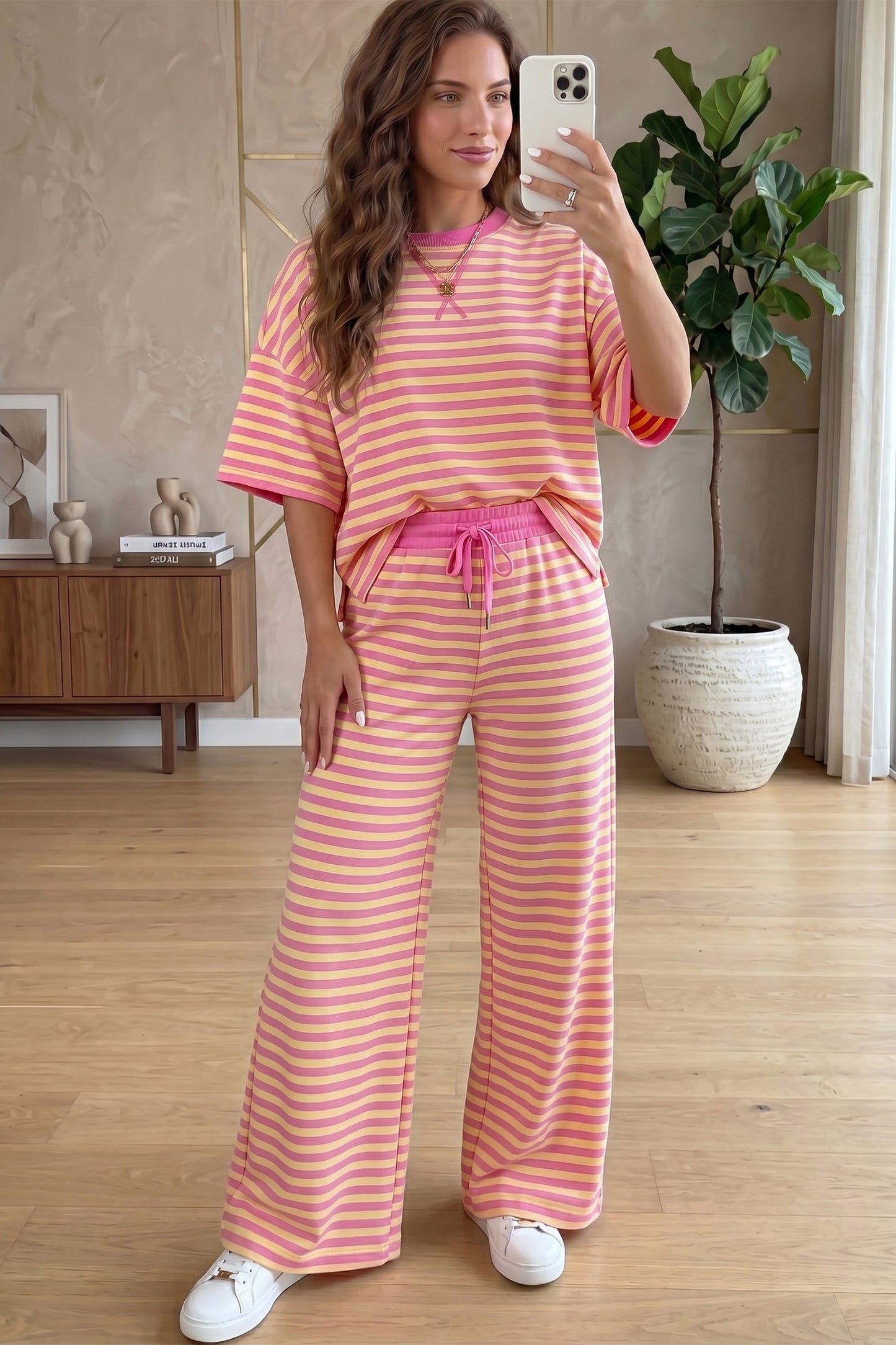 Pink Stripe Wide Leg Lounge Set Women 2 Piece Outfit