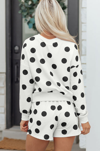 Pink Polka Dot Drop Shoulder Pullover Shorts Set