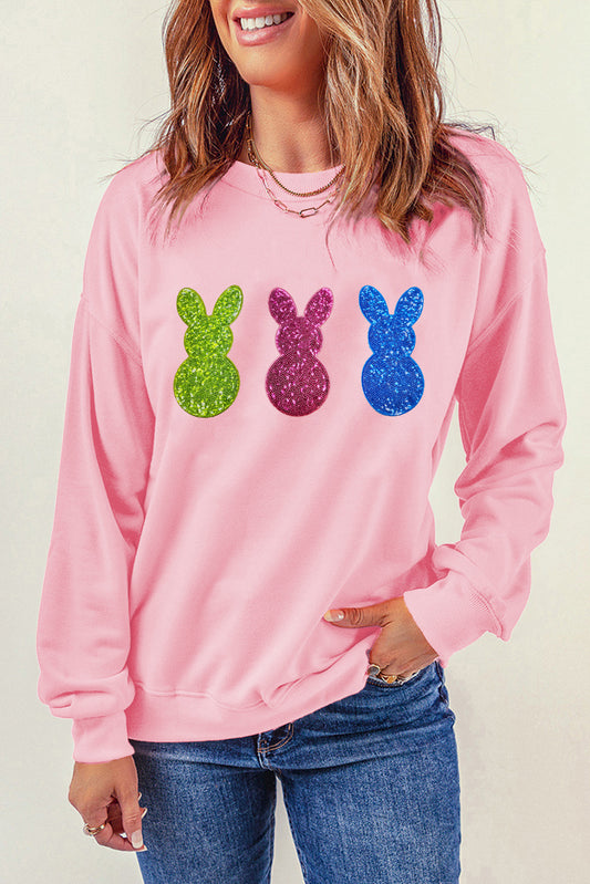 Easter Sequin Bunny Graphic Pink Casual Pullover Sweatshirt