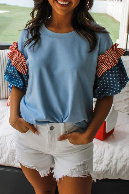 Patriotic Stars and Stripes Puff Sleeve Fourth of July Top