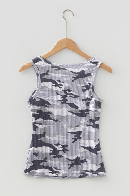 Green Camo Ribbed Knit Scoop Neck Tank Top