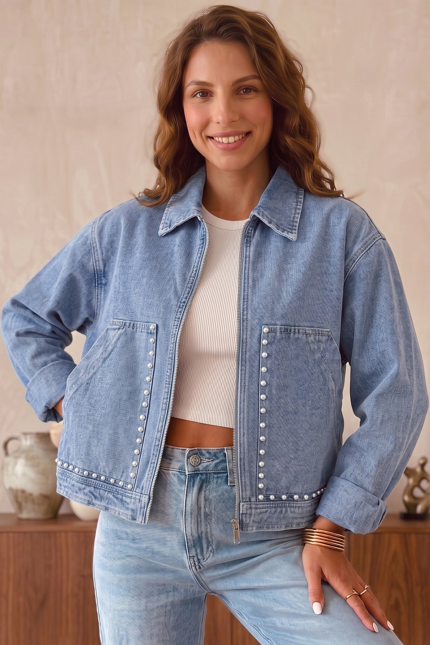 Pearl Studded Oversized Denim Zip Front Jacket