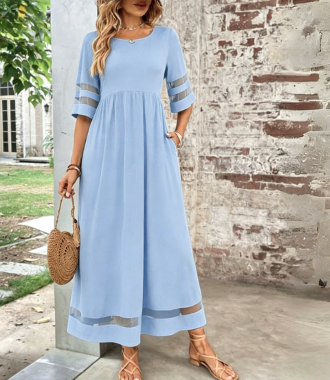 Plus Size Mesh Sleeve Maxi Dress with Pockets A-Line