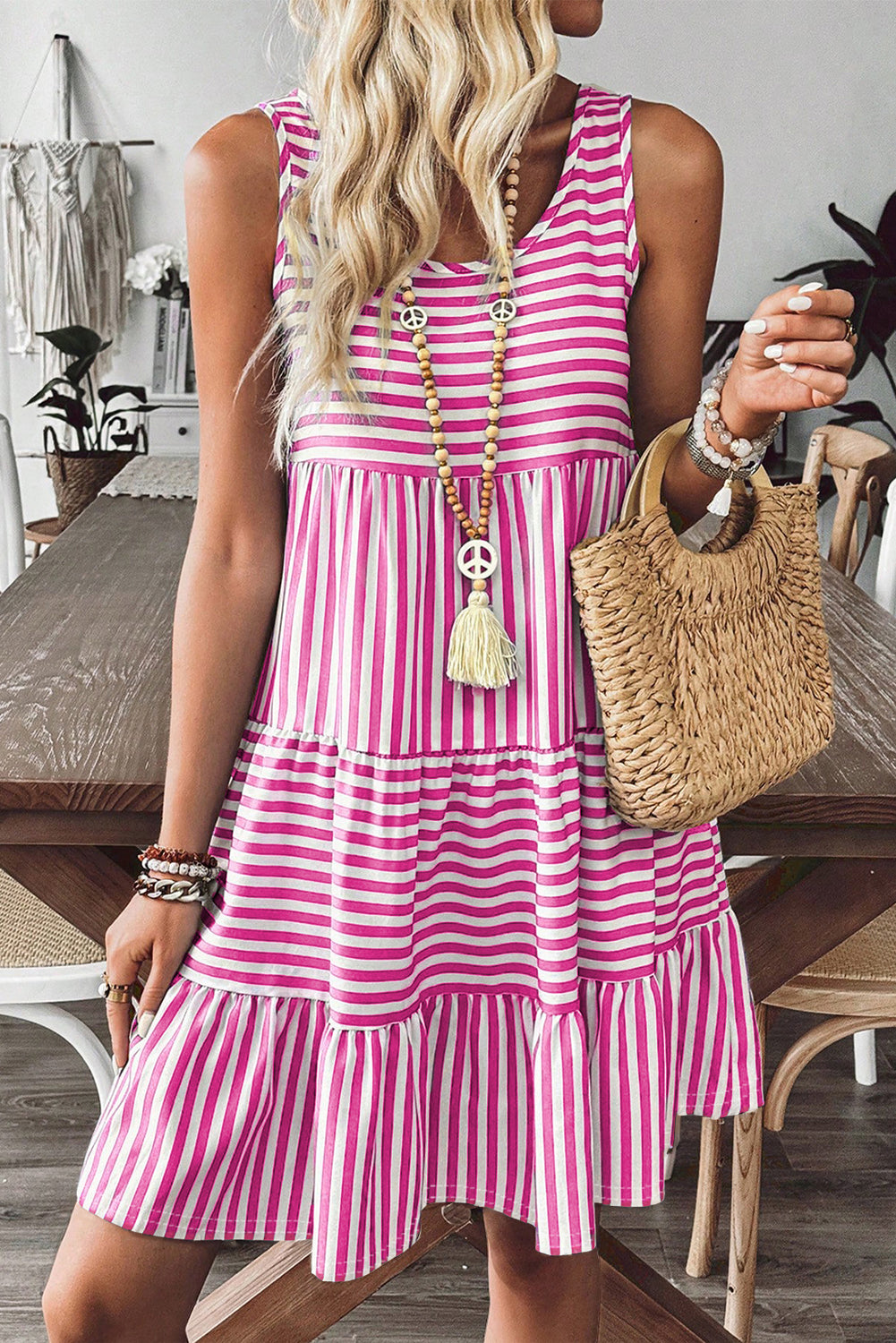 Black White Stripe U-Neck Sleeveless Loose Mini Dress