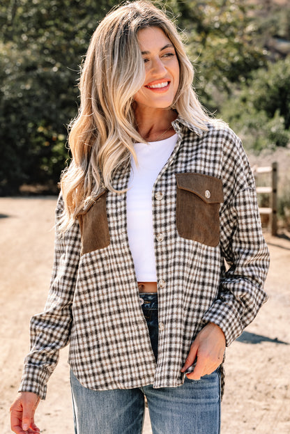 Plaid Shacket with Contrast Corduroy Flap Pockets