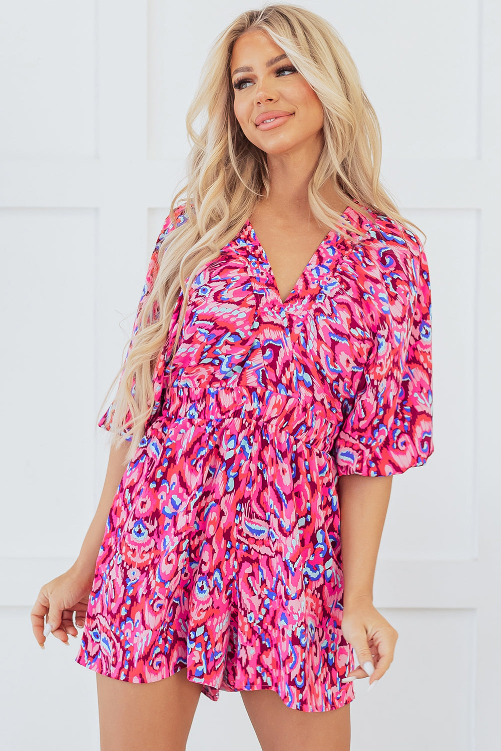 Green Abstract Print V Neck Puff Sleeve Smocked Romper