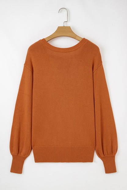 Gold Flame Drop Shoulder Solid Knit Ribbed Trim Sweater