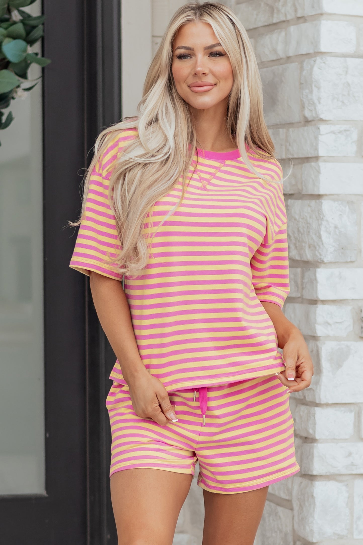 Striped Two Piece Lounge Set Womens Tee and Shorts