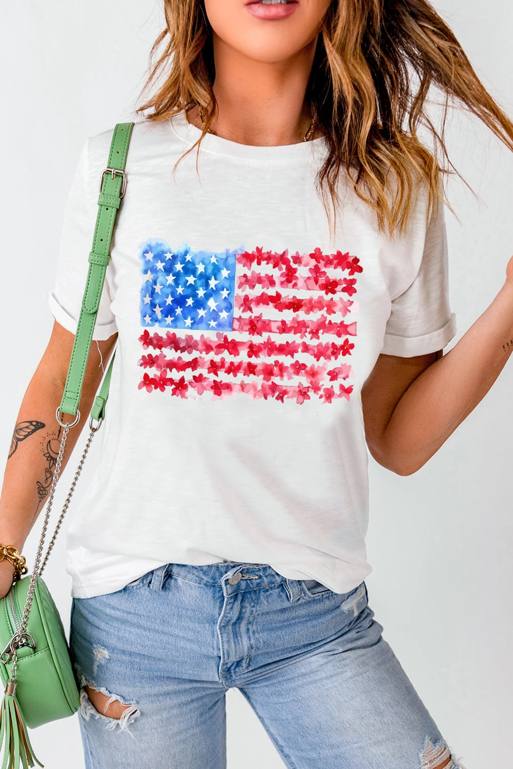 USA Floral Flag Tee Independence Day Patriotic Top