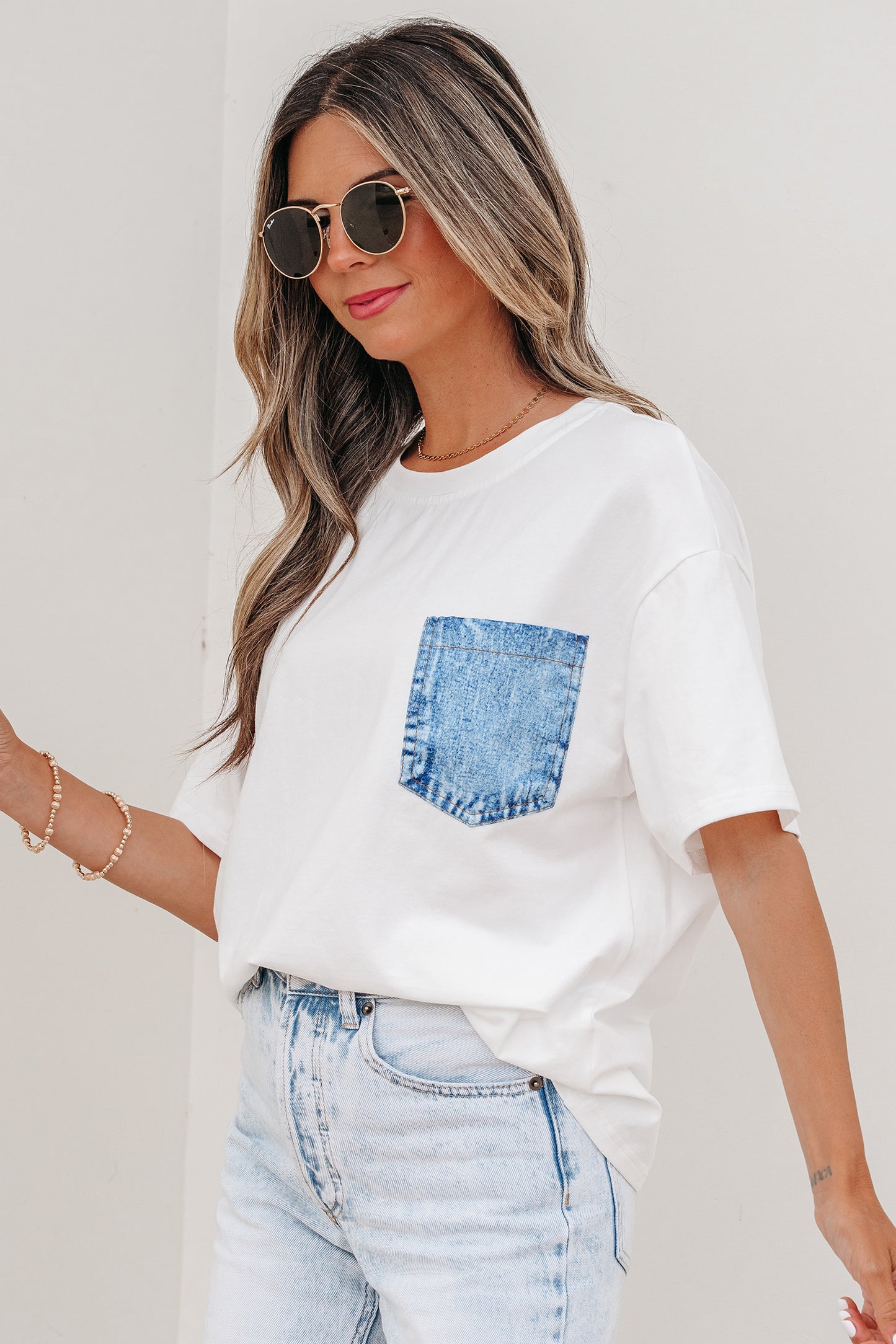 Pocket Tee Women Contrast Denim Pocket Casual T Shirt