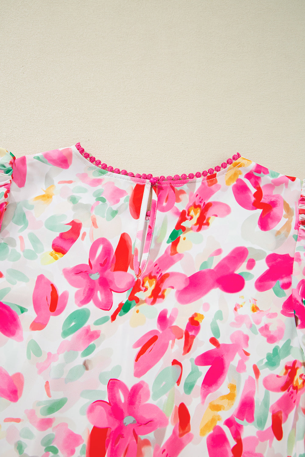 Rose Floral Flutter Sleeve Round Neck Casual Blouse