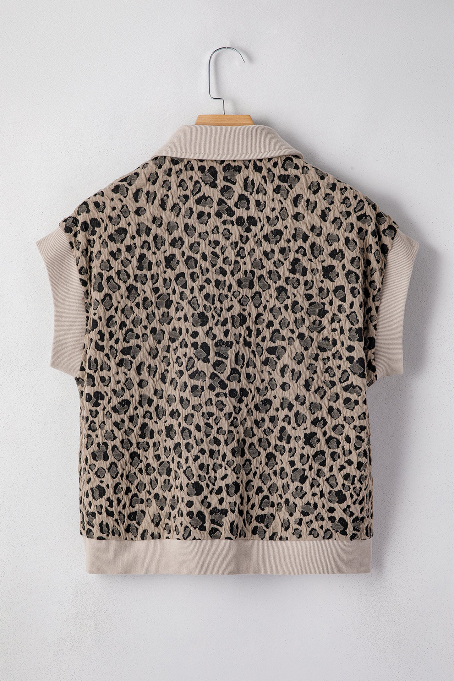 Leopard Textured Zip Polo Top Cap Sleeve Casual Knit