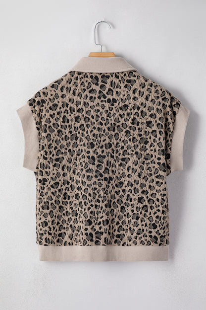 Leopard Textured Zip Polo Top Cap Sleeve Casual Knit