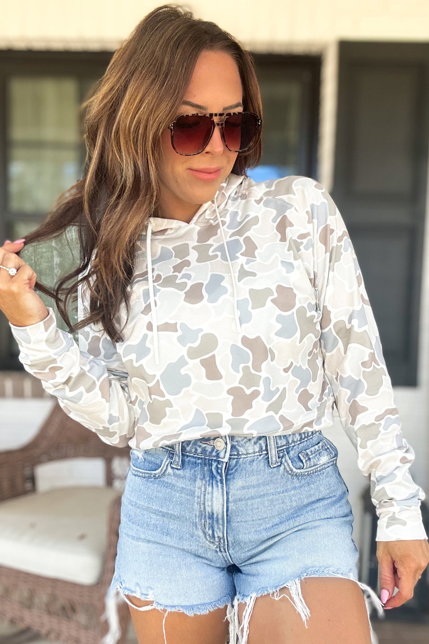 Camo Print Hooded Pullover Long Sleeve Casual Top