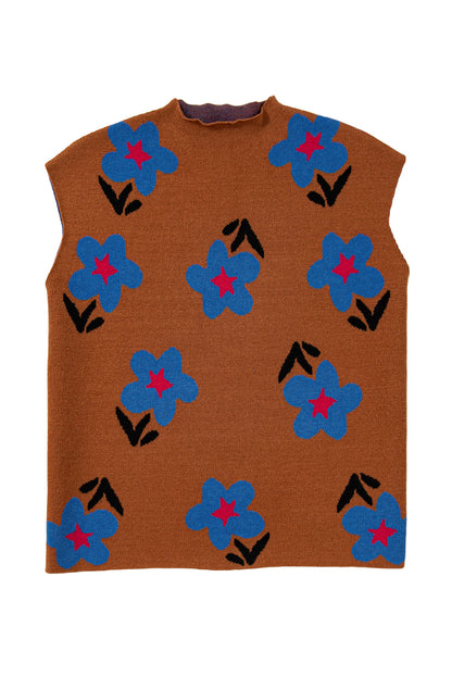 Women’s Chestnut Floral Knit High Neck Sleeveless Vest
