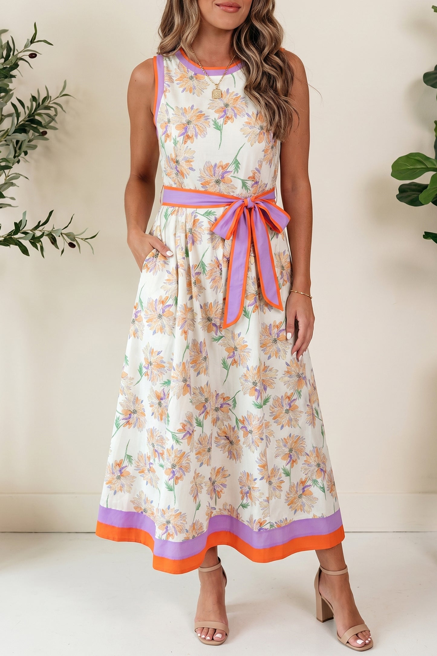 Floral Sleeveless Maxi Dress Women Belted Summer Casual
