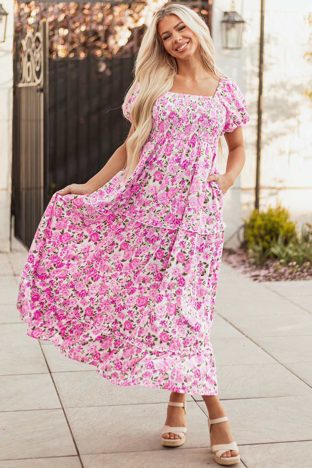 Easter Pink Floral Square Neck Puff Sleeve Maxi Dress