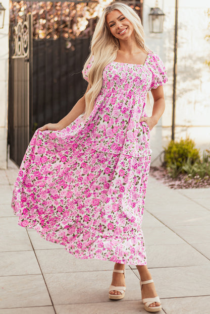Easter Pink Floral Square Neck Puff Sleeve Maxi Dress