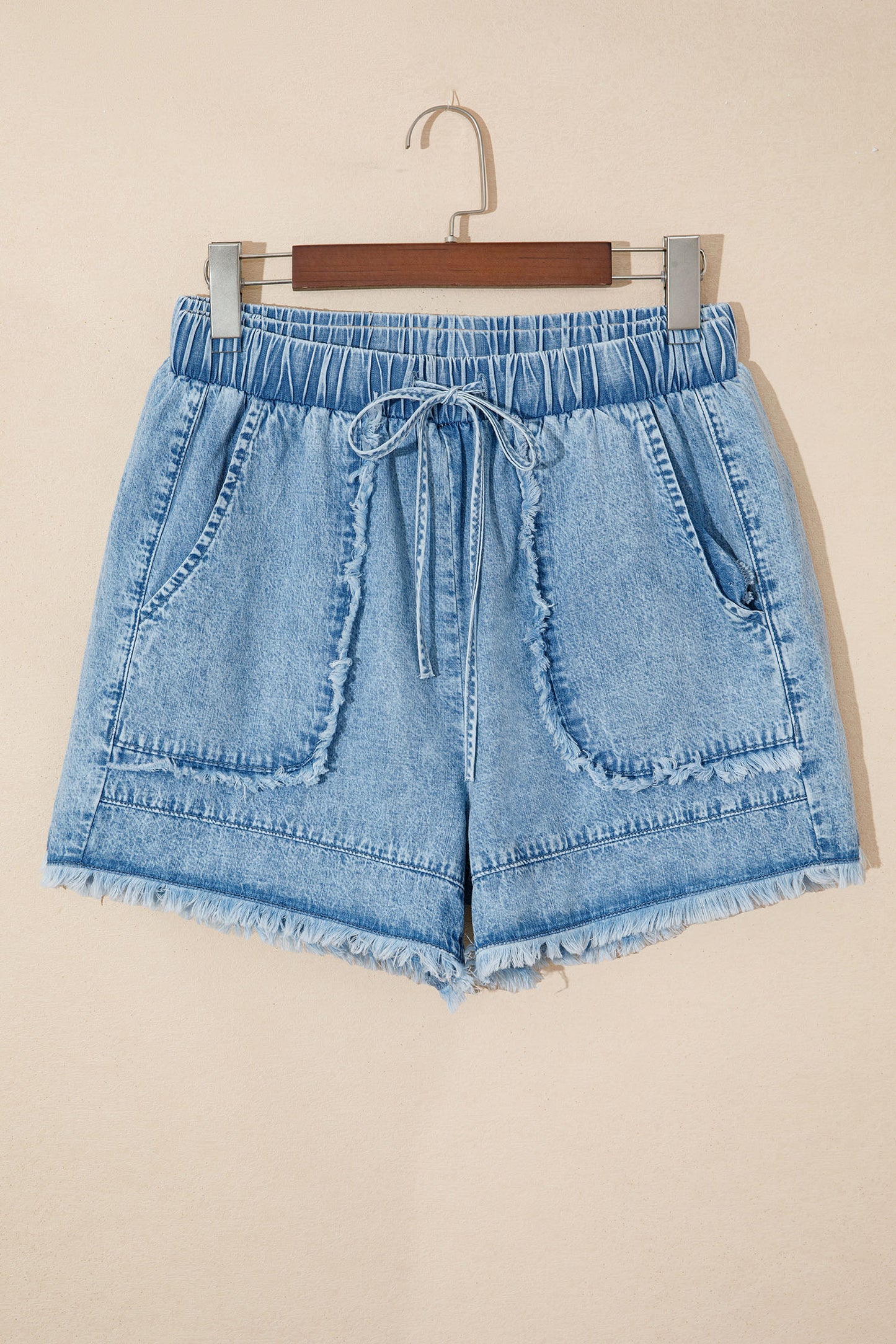 Frayed Edge Elastic Waist Drawstring Denim Shorts