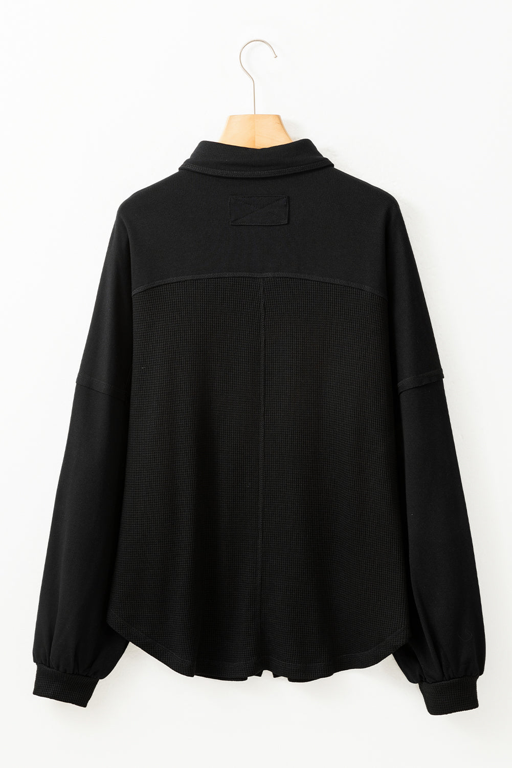Black Waffle Knit Button Down Shacket Oversized Long Sleeve Top