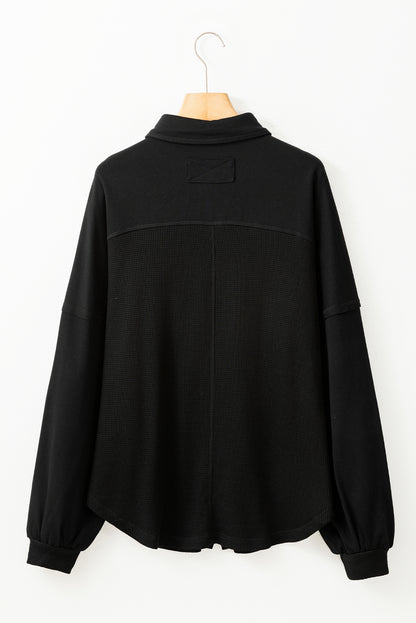 Black Waffle Knit Button Down Shacket Oversized Long Sleeve Top