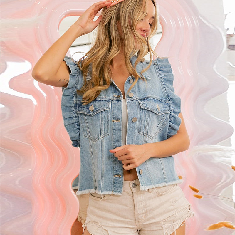 Leopard Print Denim Ruffle Sleeve Button Vest Top