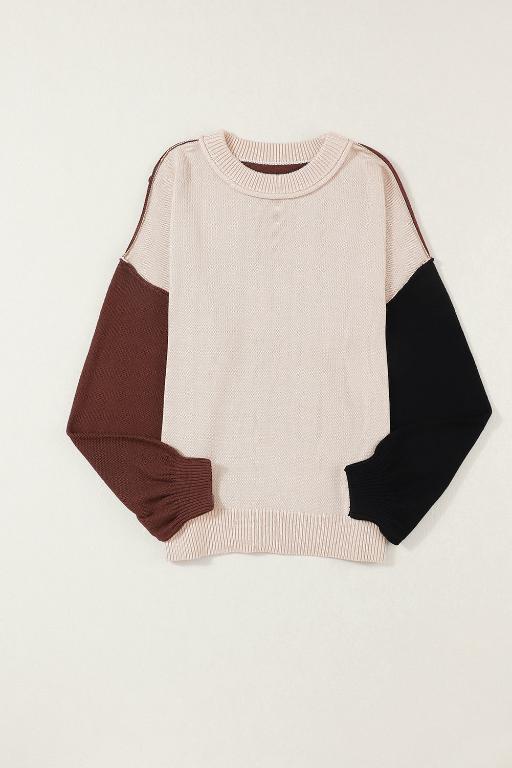 Colorblock Bishop Sleeve Ribbed Knit Sweater