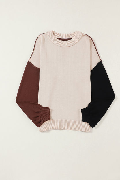 Colorblock Bishop Sleeve Ribbed Knit Sweater