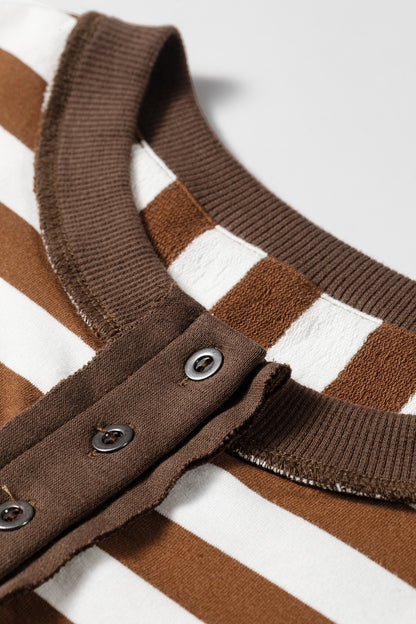 Brown Stripe Henley Button Placket Colorblock Sweatshirt Top