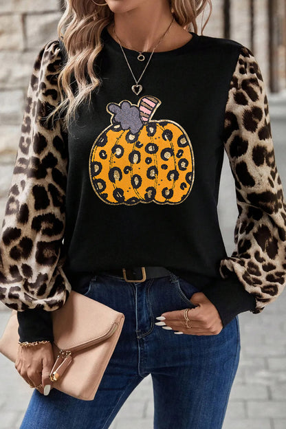 Halloween Pumpkin Graphic Leopard Sleeve Knit Top