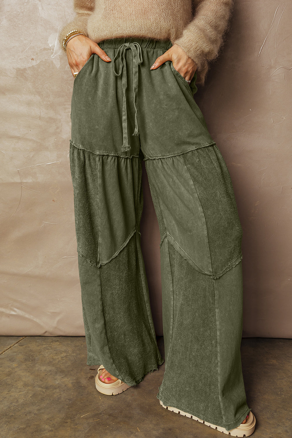 Women's Black Mineral Wash Wide Leg Patchwork Pants