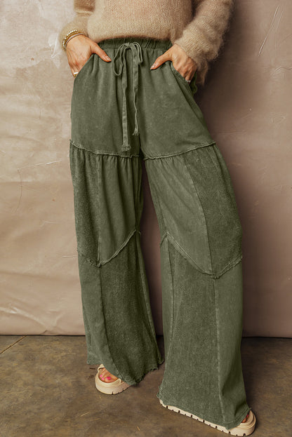 Women's Black Mineral Wash Wide Leg Patchwork Pants