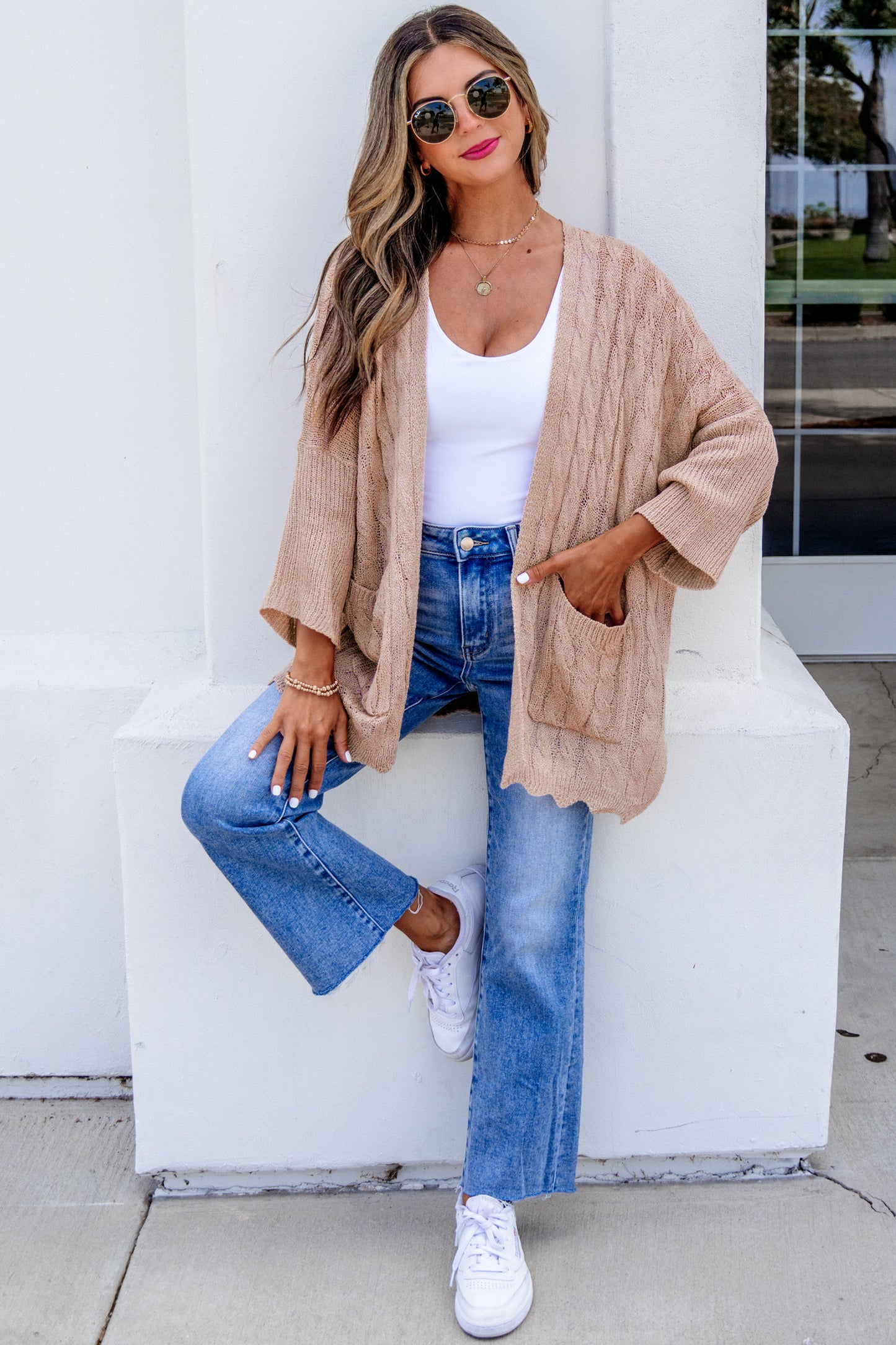 Old Rose Hollow Knit Drop Shoulder Cardigan Sweater