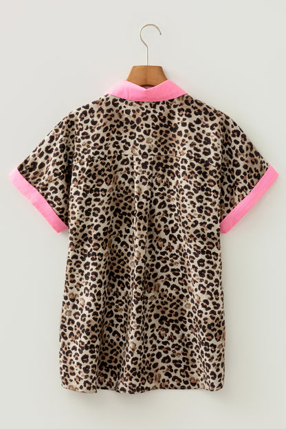 Leopard Print Button Down Shirt Contrast Trim Top