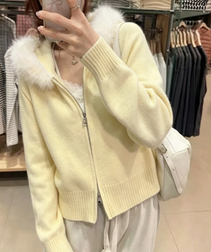 Women's Faux Fur Collar Hooded Zip-Up Cardigan Sweater