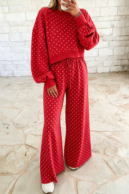 Polka Dot Cropped Sweatshirt Wide Leg Two Piece Set