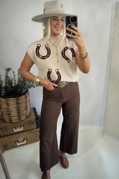 Western Horseshoe Knit Top Mock Neck Sweater Vest