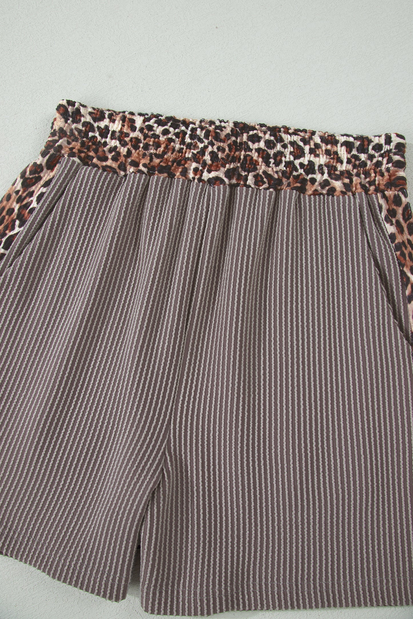 Leopard Trim Ribbed Short Sleeve Top and Shorts Set