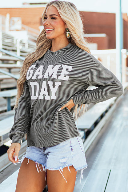 Dark Grey Corded Game Day Graphic Long Sleeve Top