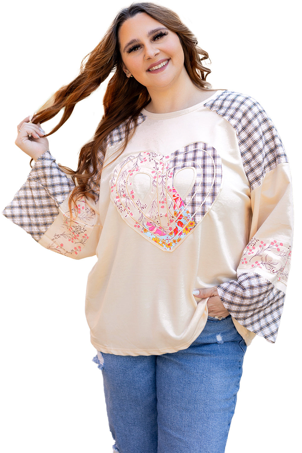 Plaid Floral Peace Heart Graphic Wide Long Sleeve Top