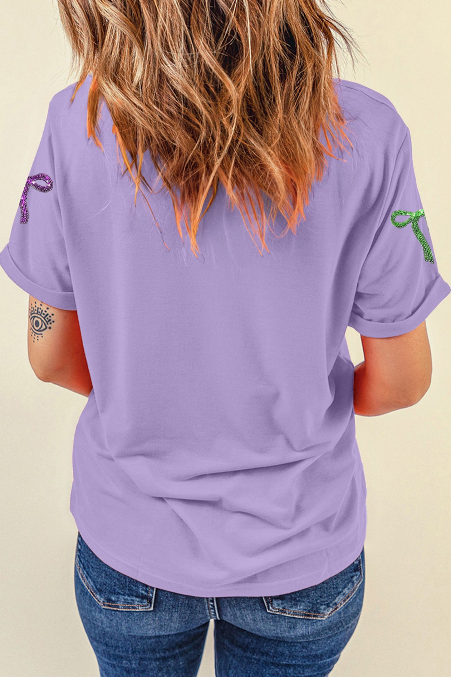 Mardi Gras Wisteria Sequin Bow Graphic Crewneck Tee