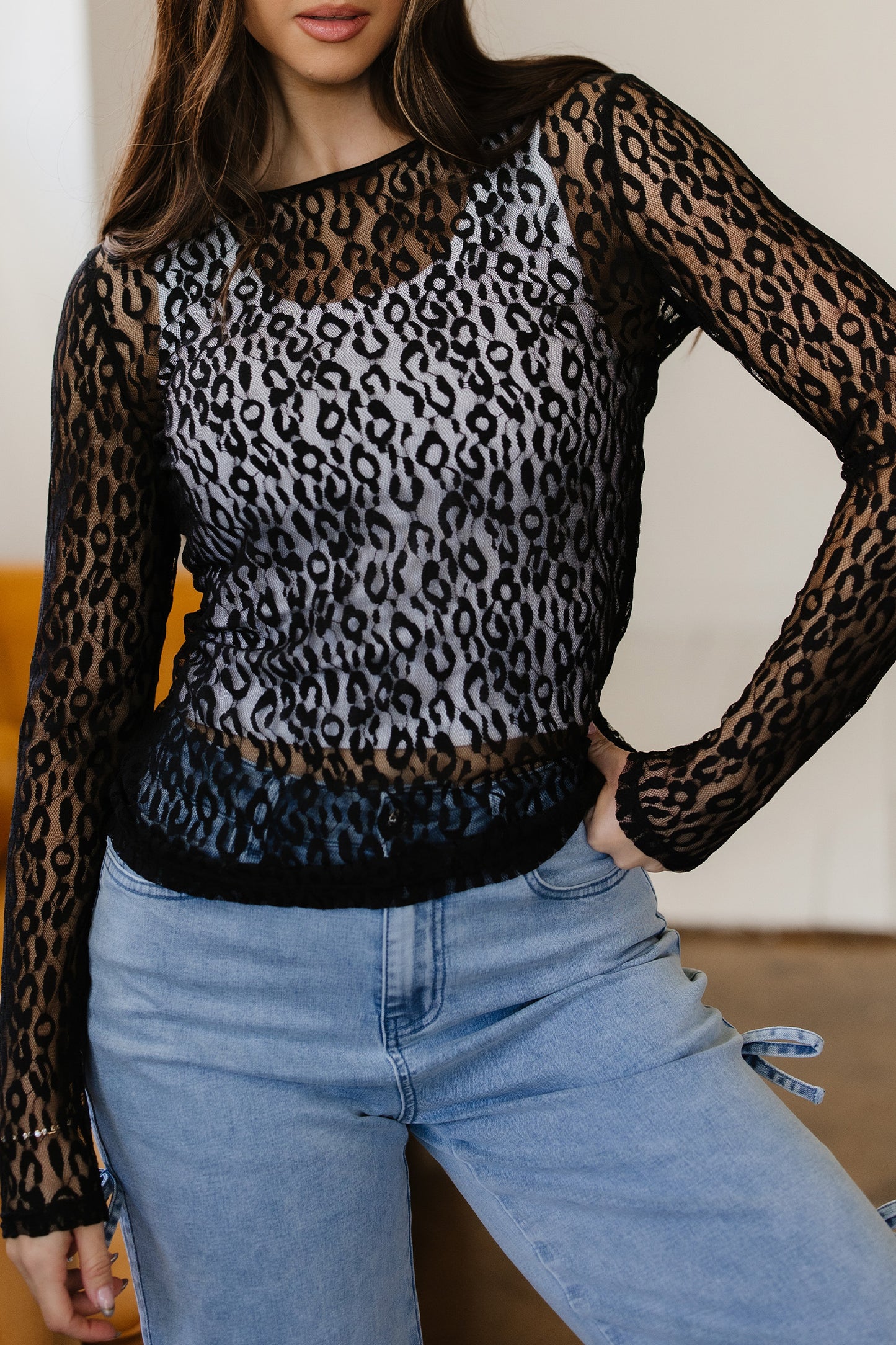 Leopard Mesh Long Sleeve Top Sheer Sexy Shirt Women