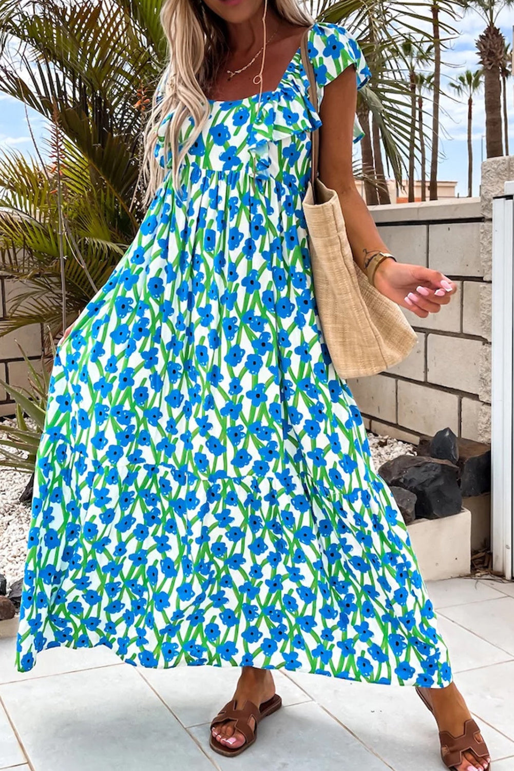 Pink Floral Square Neck Ruffle Sleeve Maxi Dress
